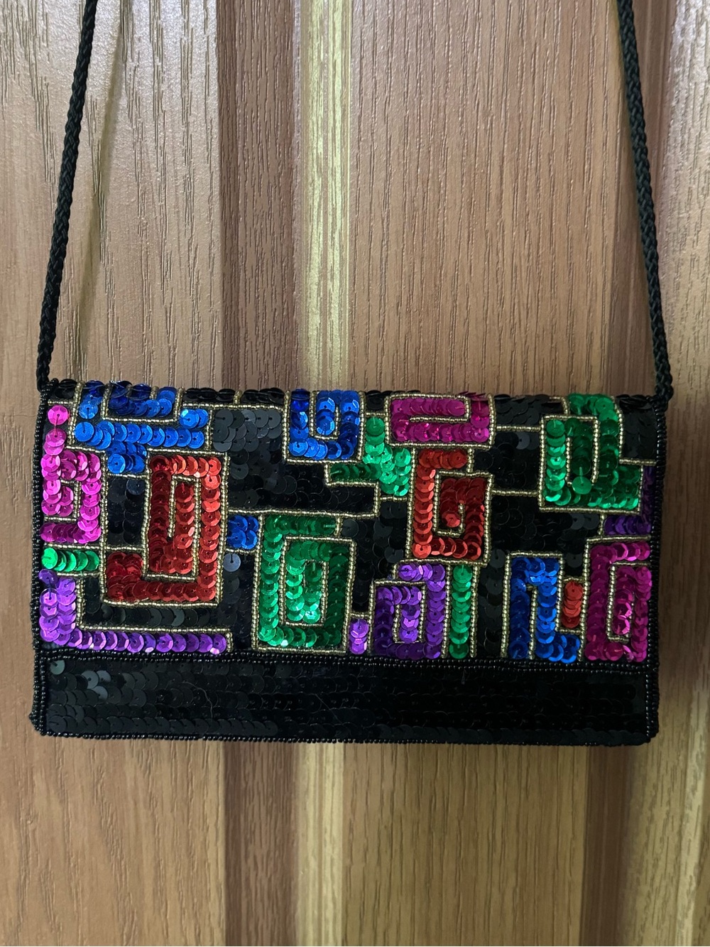 Sequin Geo-Pattern Black Women's Crossbody Clutch - Multicolor Accents NWOT